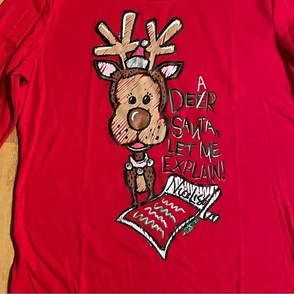 Justice Christmas Reindeer Long Sleeve Red Graphic Tee Size 20